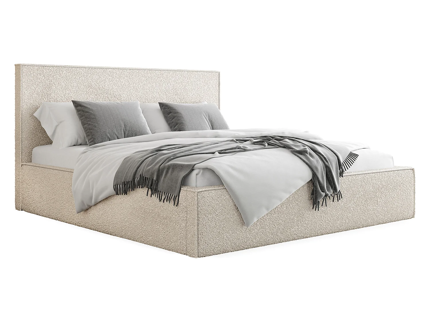 Polsterbett 160x200 – Bettkasten mit Lattenrost – Boucle Creme – Hohes Kopfteil – Bettgestell ohne Matratze – Terra Slim – Modernes Doppelbett – Beige