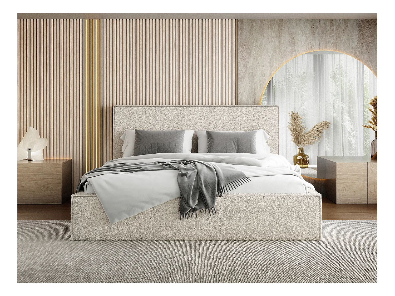 Polsterbett 160x200 – Bettkasten mit Lattenrost – Boucle Creme – Hohes Kopfteil – Bettgestell ohne Matratze – Terra Slim – Modernes Doppelbett – Beige