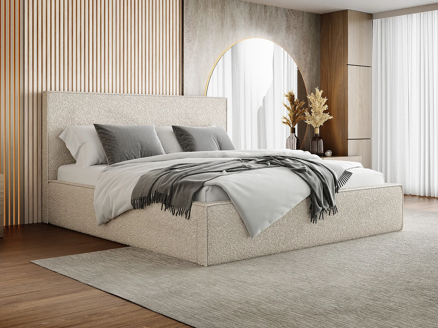 Lit Rembourré 160x200 Design Bohème - Lit Coffre Rangement - Lit Capitonné en Tissu Bouclette Beige - Lit Double Tête de Lit - Cadre de Lit - Terra