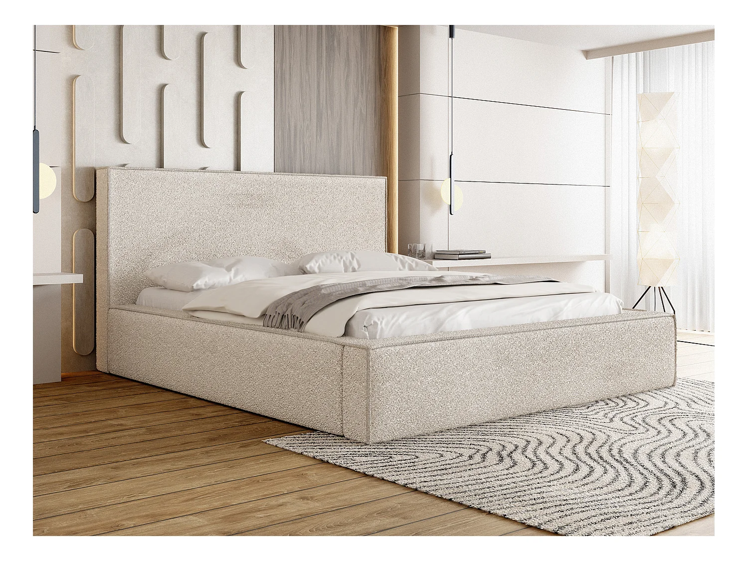 Polsterbett 140x200 – Bettkasten mit Lattenrost – Bouclé oder Samt Creme – Hohes Kopfteil – Bettgestell ohne Matratze – Terra – Modernes Doppelbett – Beige