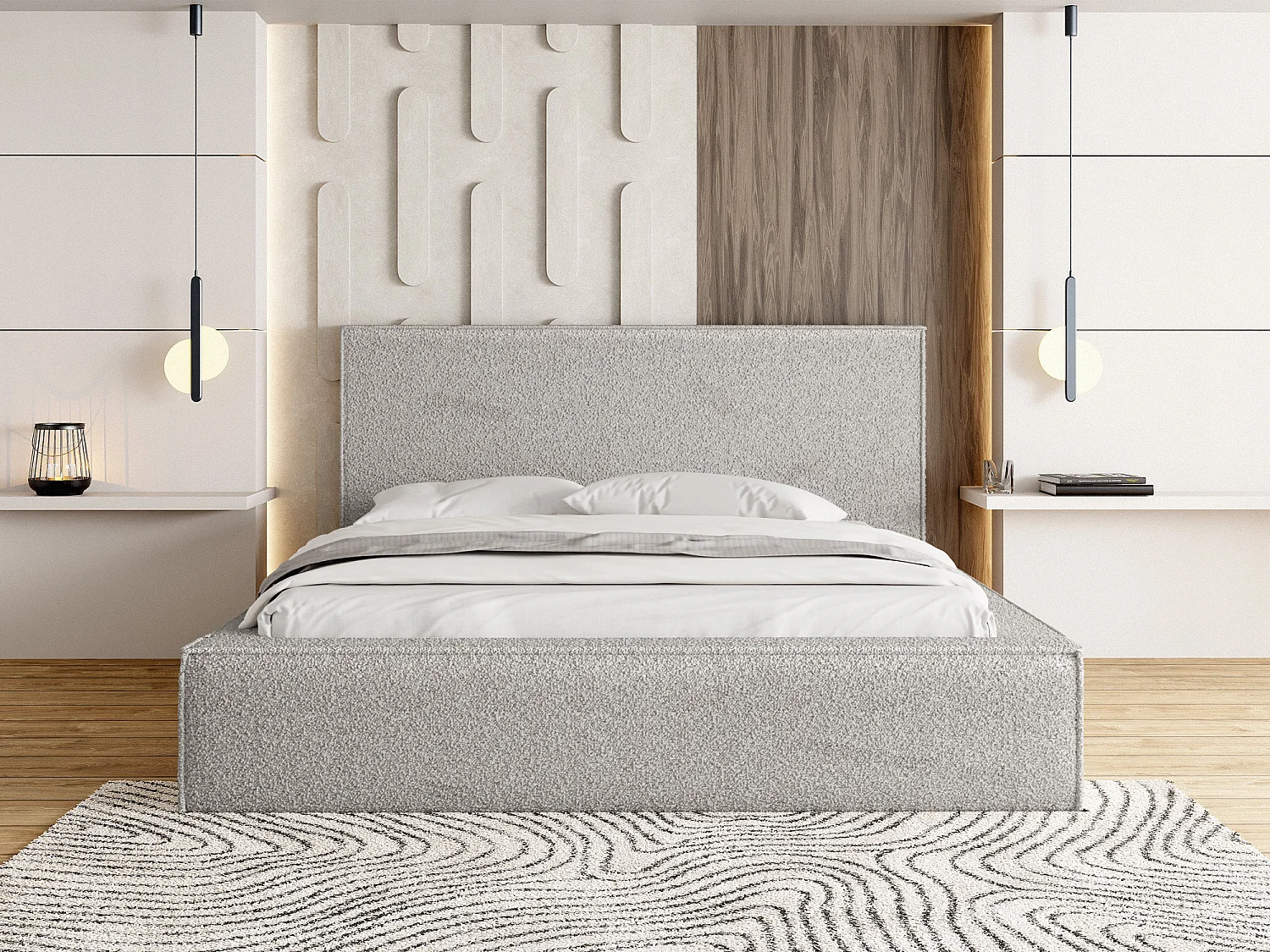 Polsterbett 140x200 – Bettkasten mit Lattenrost – Bouclé oder Samt Grau – Hohes Kopfteil – Bettgestell ohne Matratze – Terra – Modernes Doppelbett