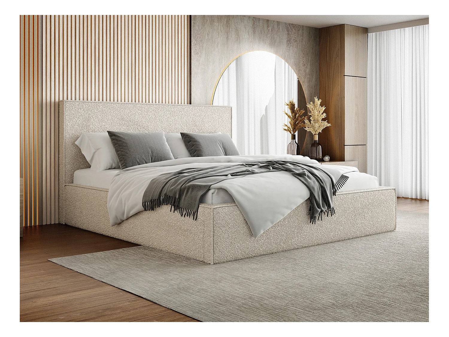 Lit Rembourré 200x200 Design Bohème - Lit Coffre Rangement - Lit Capitonné en Tissu Bouclette Beige - Lit Double Tête de Lit - Cadre de Lit - Terra