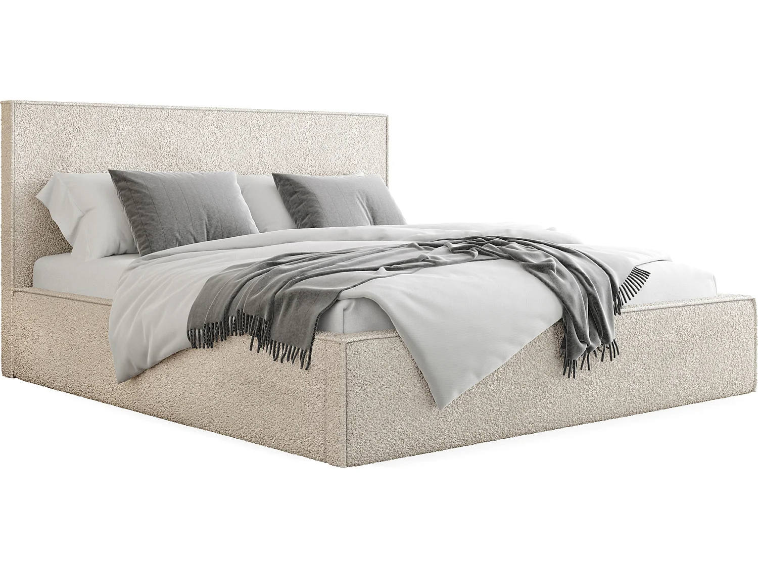 Lit Rembourré 200x200 Design Bohème - Lit Coffre Rangement - Lit Capitonné en Tissu Bouclette Beige - Lit Double Tête de Lit - Cadre de Lit - Terra