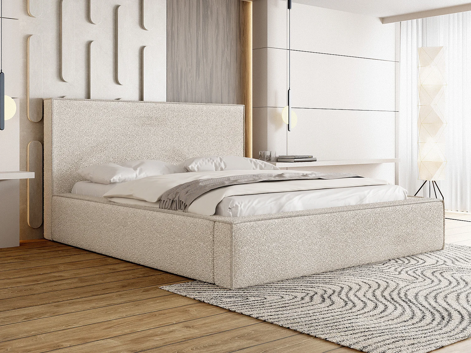 Polsterbett 120x200 – Bettkasten mit Lattenrost – Bouclé oder Samt Creme – Hohes Kopfteil – Bettgestell ohne Matratze – Terra – Modernes Doppelbett – Beige