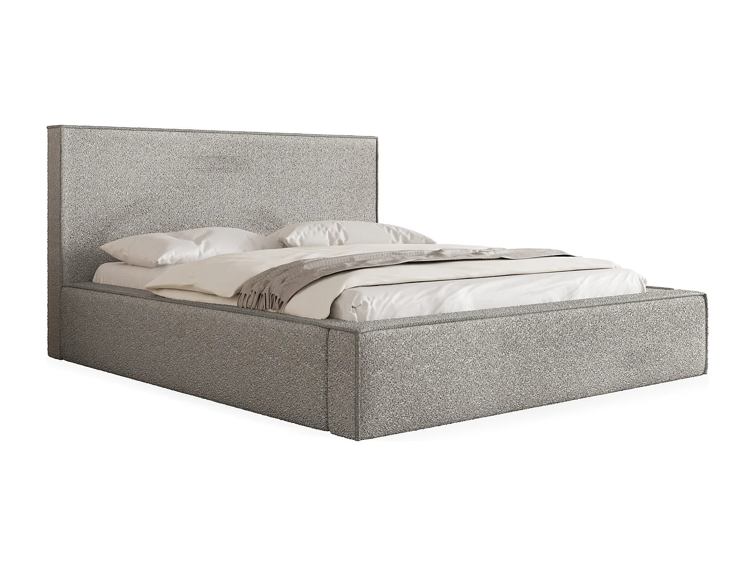 Lit Rembourré 200x200 Design Bohème - Lit Coffre Rangement - Lit Capitonné en Tissu Bouclette Gris - Lit Double Tête de Lit - Cadre de Lit - Terra