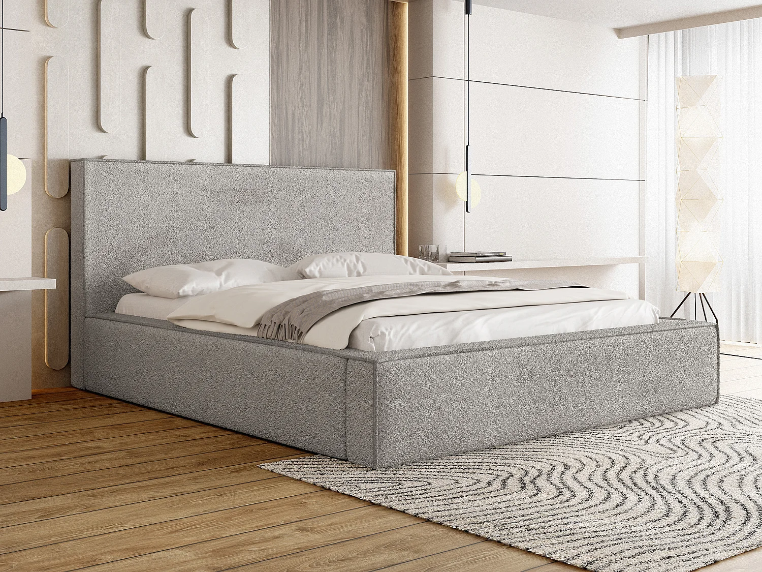 Polsterbett 200x200 – Bettkasten mit Lattenrost – Bouclé oder Samt Grau – Hohes Kopfteil – Bettgestell ohne Matratze – Terra – Modernes Doppelbett