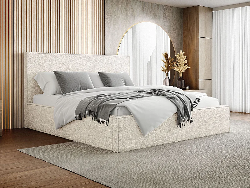 Lit Rembourré 120x200 Design Bohème - Lit Coffre Rangement - Lit Capitonné en Tissu Bouclette Blanc - Lit Double Tête de Lit - Cadre de Lit - Terra - Crème