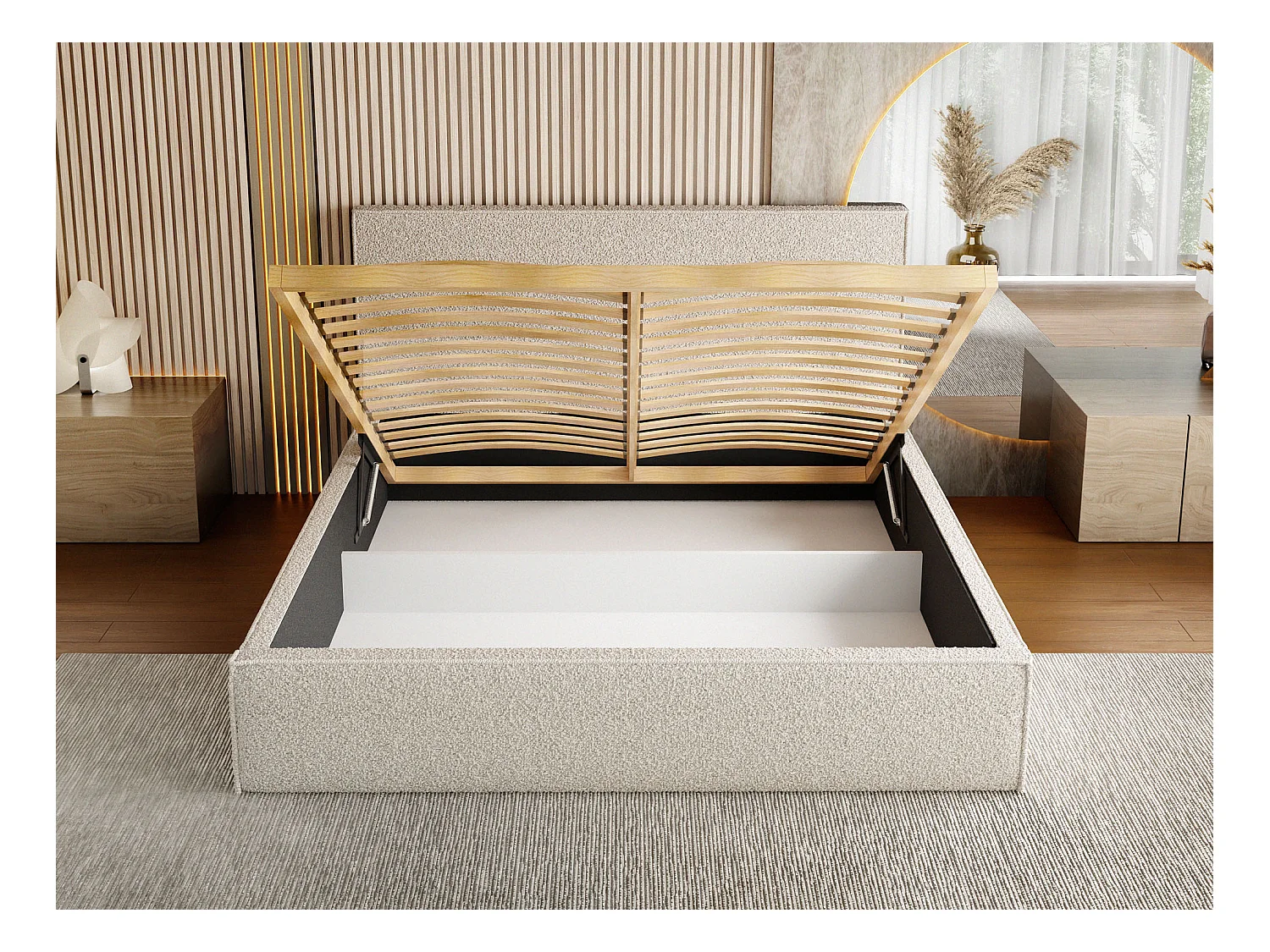 Lit Rembourré 120x200 Design Bohème - Lit Coffre Rangement - Lit Capitonné en Tissu Bouclette Blanc - Lit Double Tête de Lit - Cadre de Lit - Terra - Crème