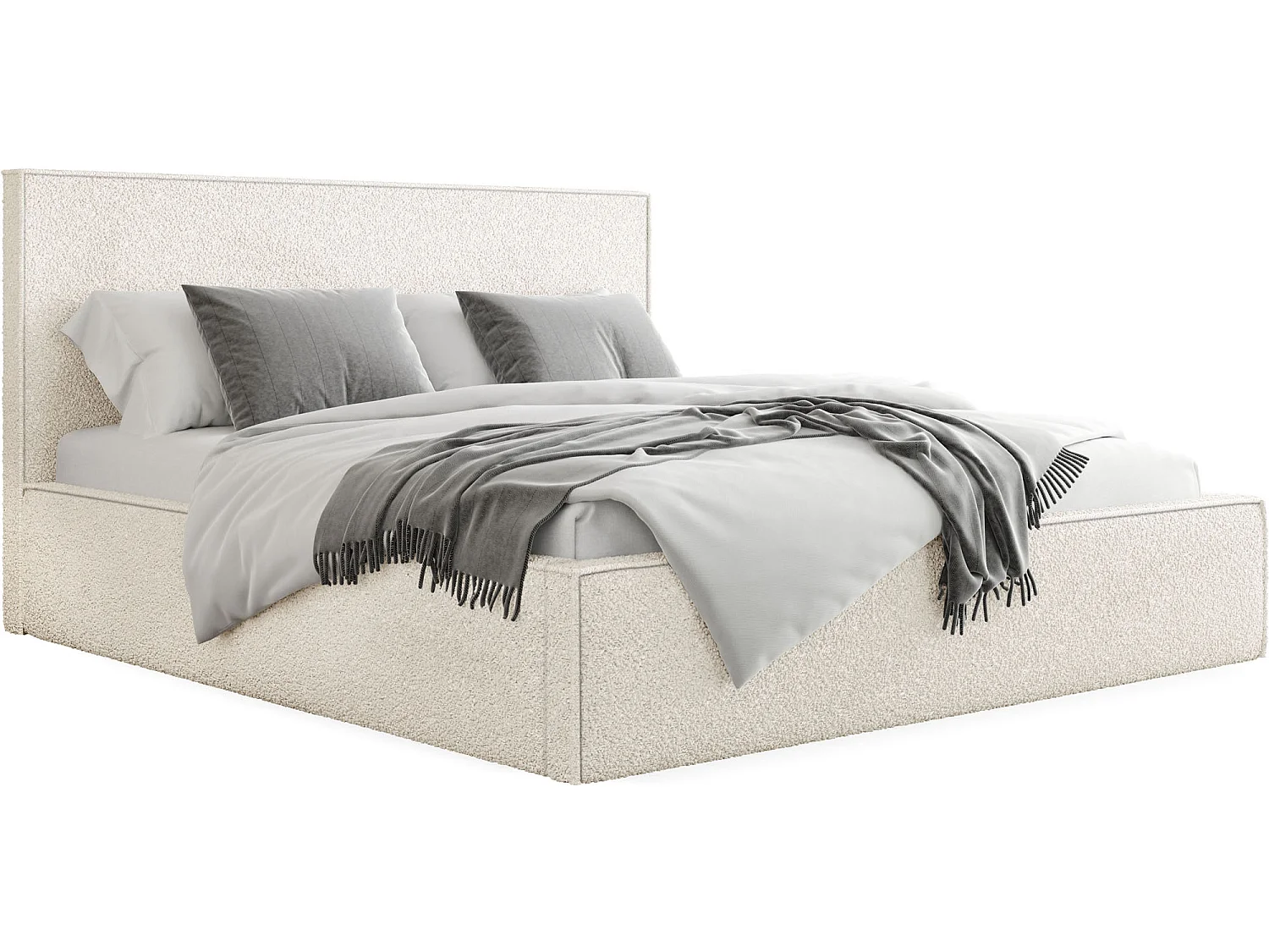 Lit Rembourré 120x200 Design Bohème - Lit Coffre Rangement - Lit Capitonné en Tissu Bouclette Blanc - Lit Double Tête de Lit - Cadre de Lit - Terra - Crème