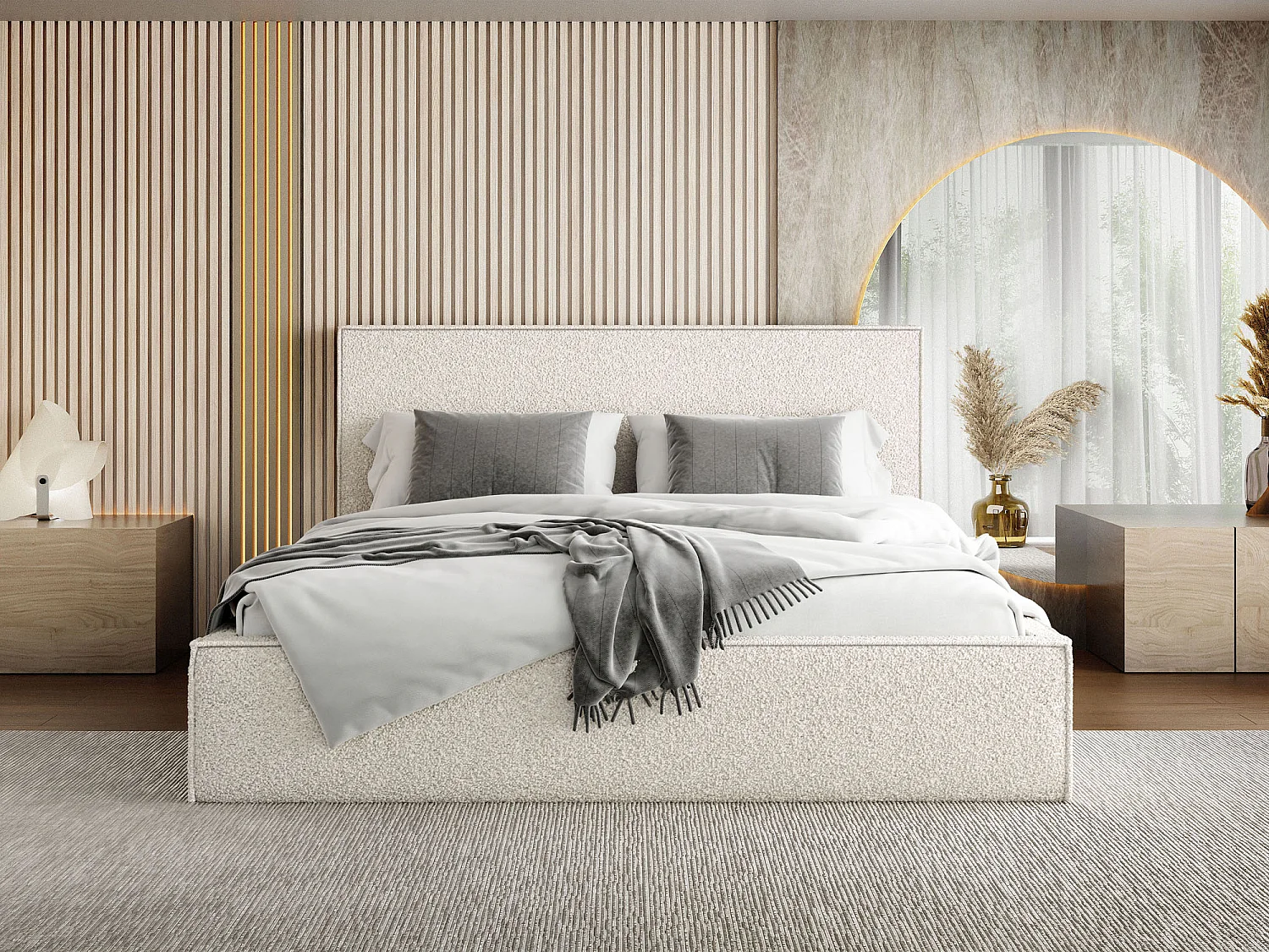 Lit Rembourré 120x200 Design Bohème - Lit Coffre Rangement - Lit Capitonné en Tissu Bouclette Blanc - Lit Double Tête de Lit - Cadre de Lit - Terra - Crème