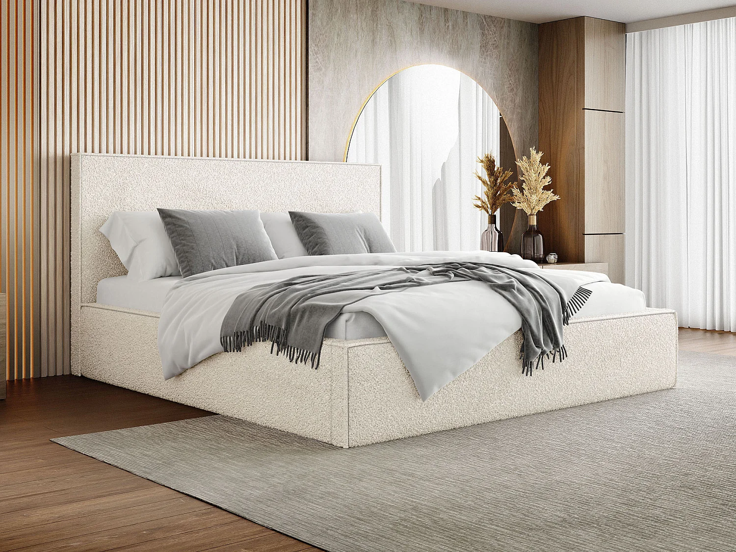 Polsterbett 120x200 – Bettkasten mit Lattenrost – Boucle Weiß – Hohes Kopfteil – Bettgestell ohne Matratze – Terra Slim – Modernes Doppelbett – Creme