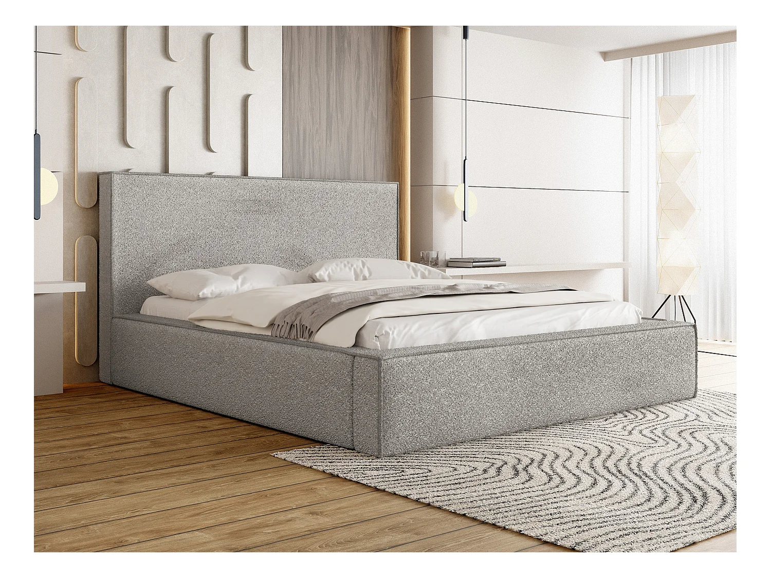 Polsterbett 180x200 – Bettkasten mit Lattenrost – Bouclé oder Samt Grau – Hohes Kopfteil – Bettgestell ohne Matratze – Terra – Modernes Doppelbett