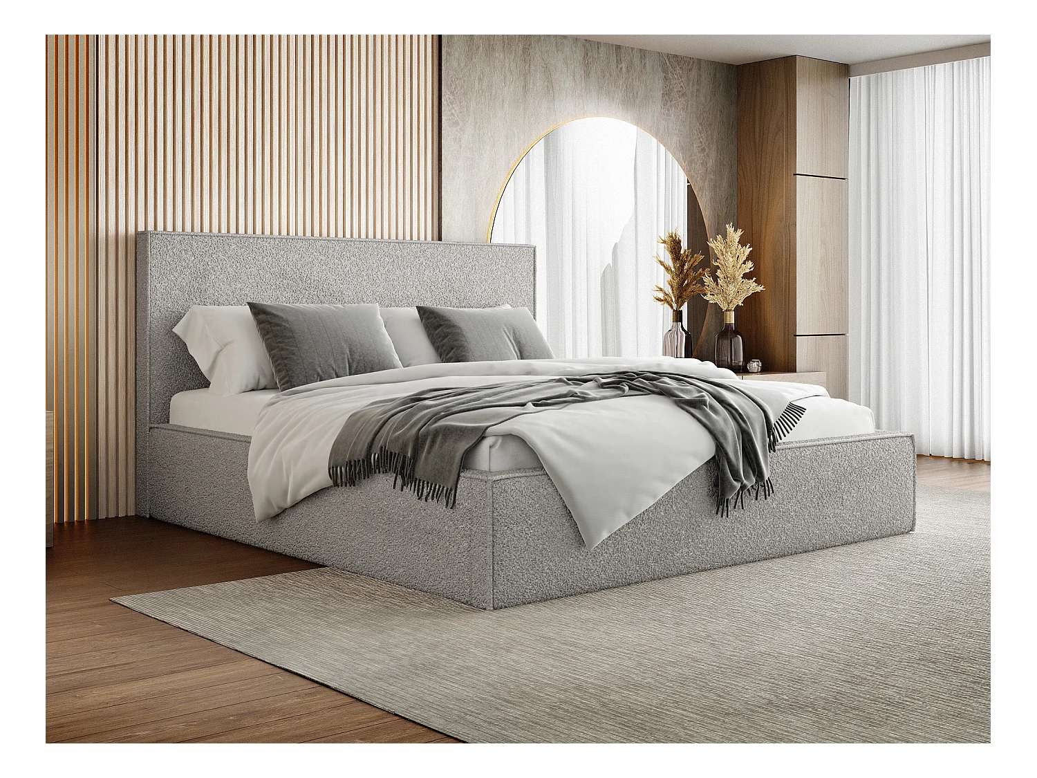 Polsterbett 180x200 – Bettkasten mit Lattenrost – Boucle Grau – Hohes Kopfteil – Bettgestell ohne Matratze – Terra Slim – Modernes Doppelbett – Grau