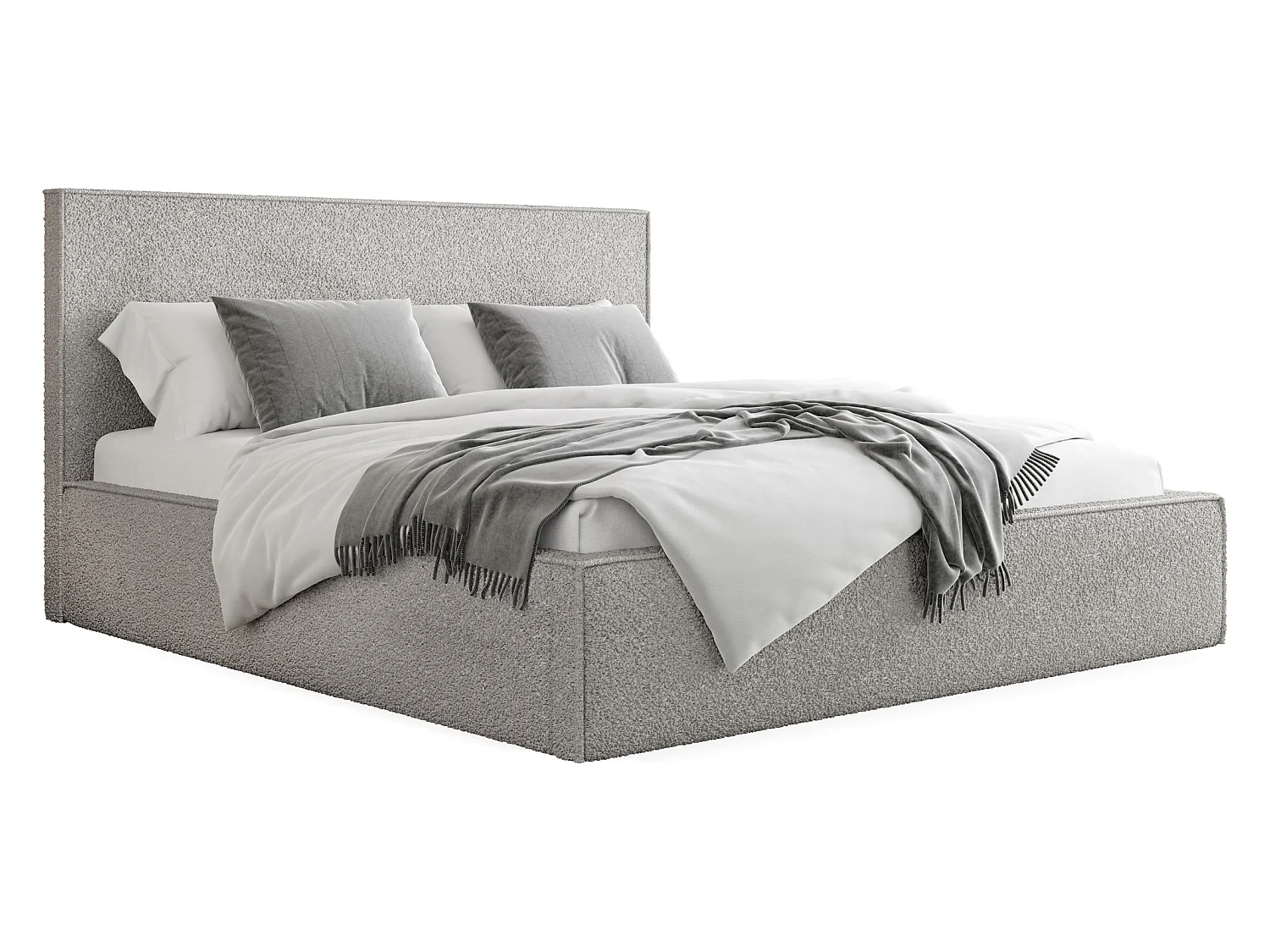 Polsterbett 180x200 – Bettkasten mit Lattenrost – Boucle Grau – Hohes Kopfteil – Bettgestell ohne Matratze – Terra Slim – Modernes Doppelbett – Grau