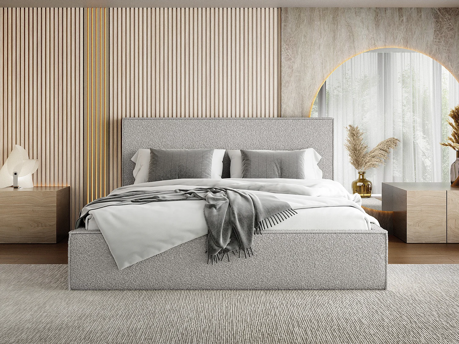 Polsterbett 180x200 – Bettkasten mit Lattenrost – Boucle Grau – Hohes Kopfteil – Bettgestell ohne Matratze – Terra Slim – Modernes Doppelbett – Grau