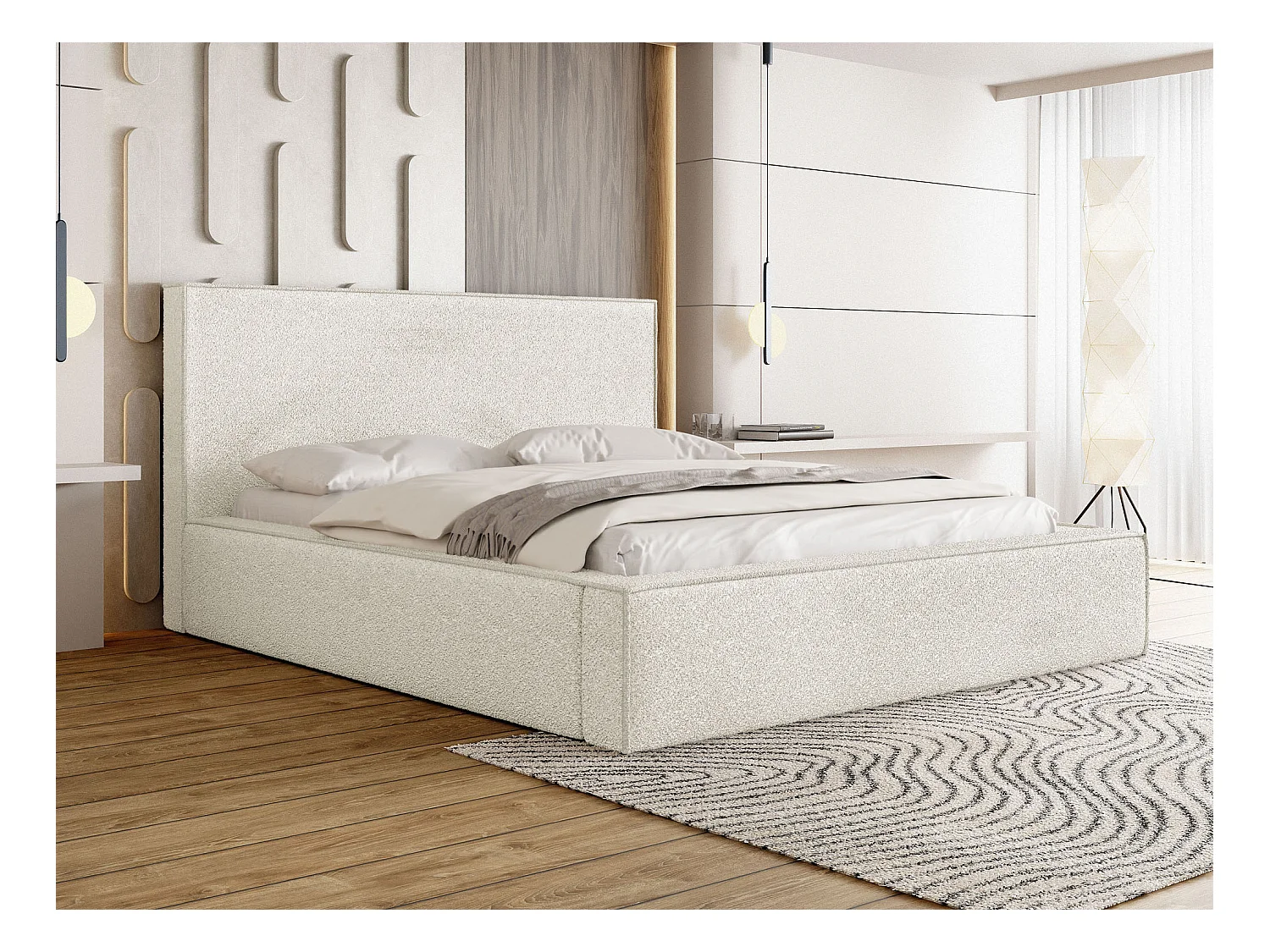Polsterbett 180x200 – Bettkasten mit Lattenrost – Bouclé oder Samt Weiß – Hohes Kopfteil – Bettgestell ohne Matratze – Terra – Modernes Doppelbett – Creme
