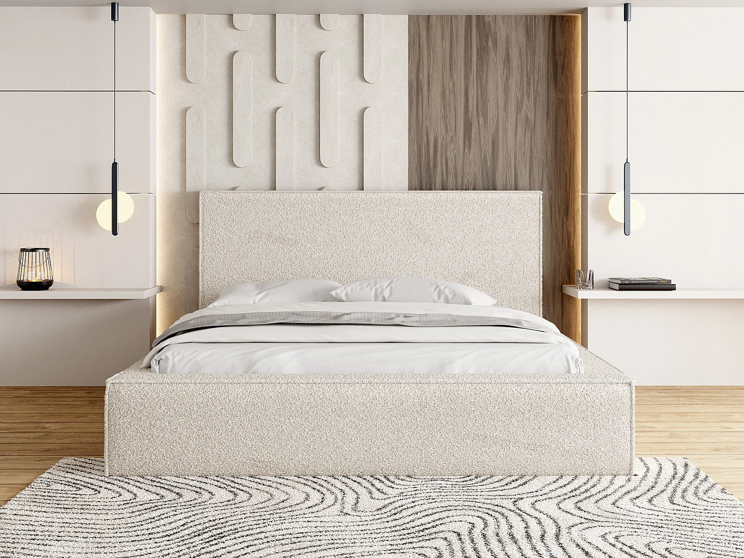 Polsterbett 200x200 – Bettkasten mit Lattenrost – Bouclé oder Samt Creme – Hohes Kopfteil – Bettgestell ohne Matratze – Terra – Modernes Doppelbett – Beige