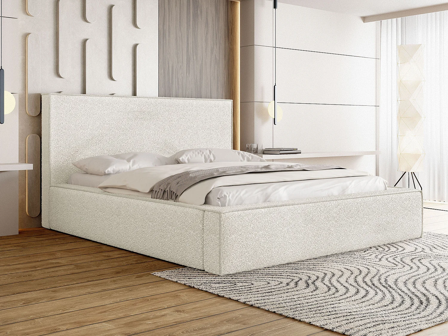 Lit Rembourré 200x200 Design Bohème - Lit Coffre Rangement - Lit Capitonné en Tissu Bouclette Blanc - Lit Double Tête de Lit - Cadre de Lit - Terra - Crème