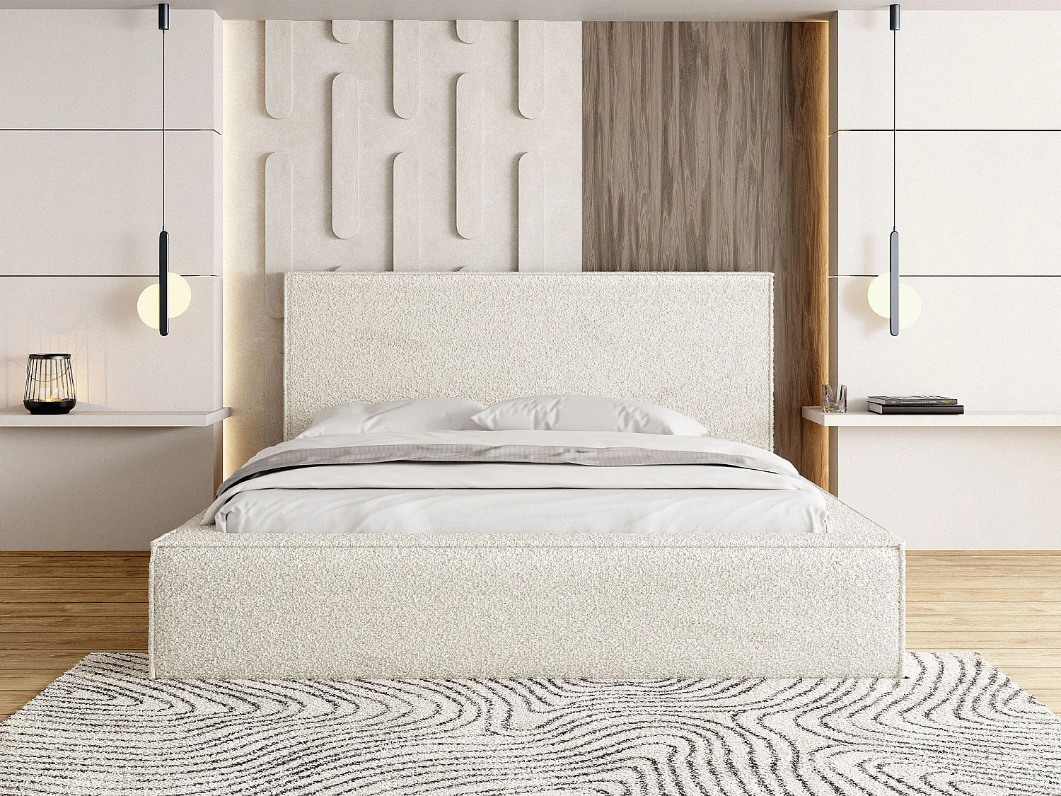 Polsterbett 200x200 – Bettkasten mit Lattenrost – Bouclé oder Samt Weiß – Hohes Kopfteil – Bettgestell ohne Matratze – Terra – Modernes Doppelbett – Creme