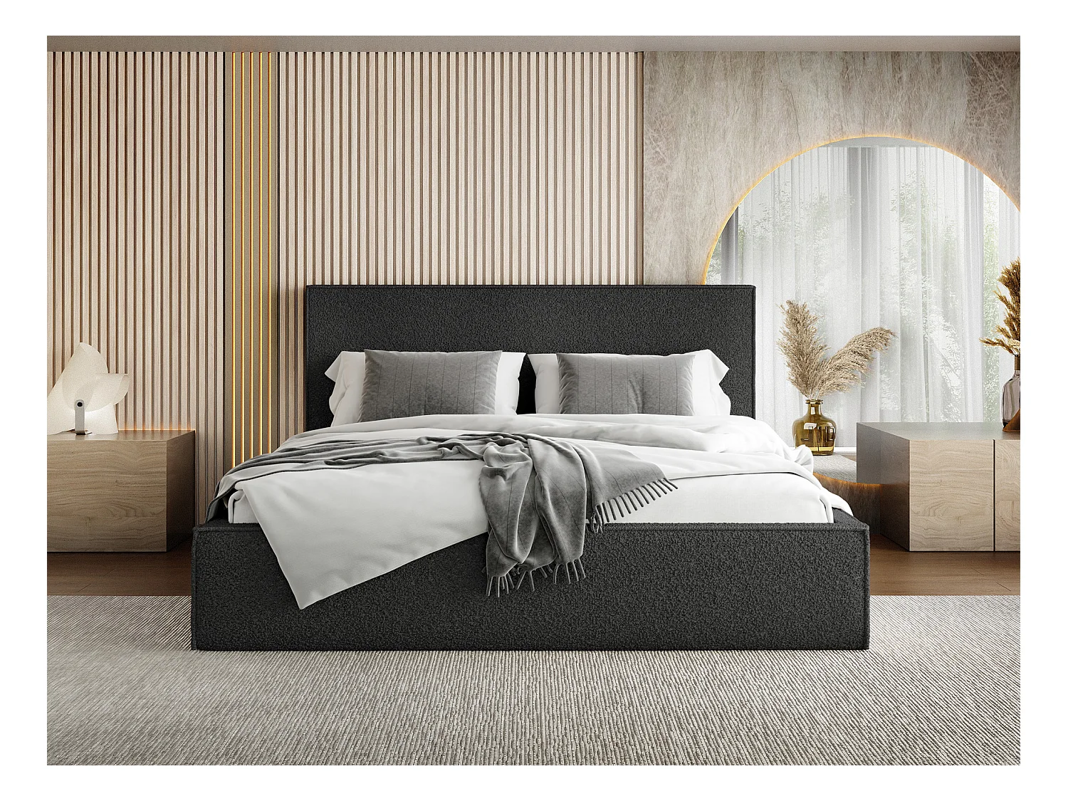 Polsterbett 140x200 – Bettkasten mit Lattenrost – Boucle Schwarz – Hohes Kopfteil – Bettgestell ohne Matratze – Terra Slim – Modernes Doppelbett – Schwarz