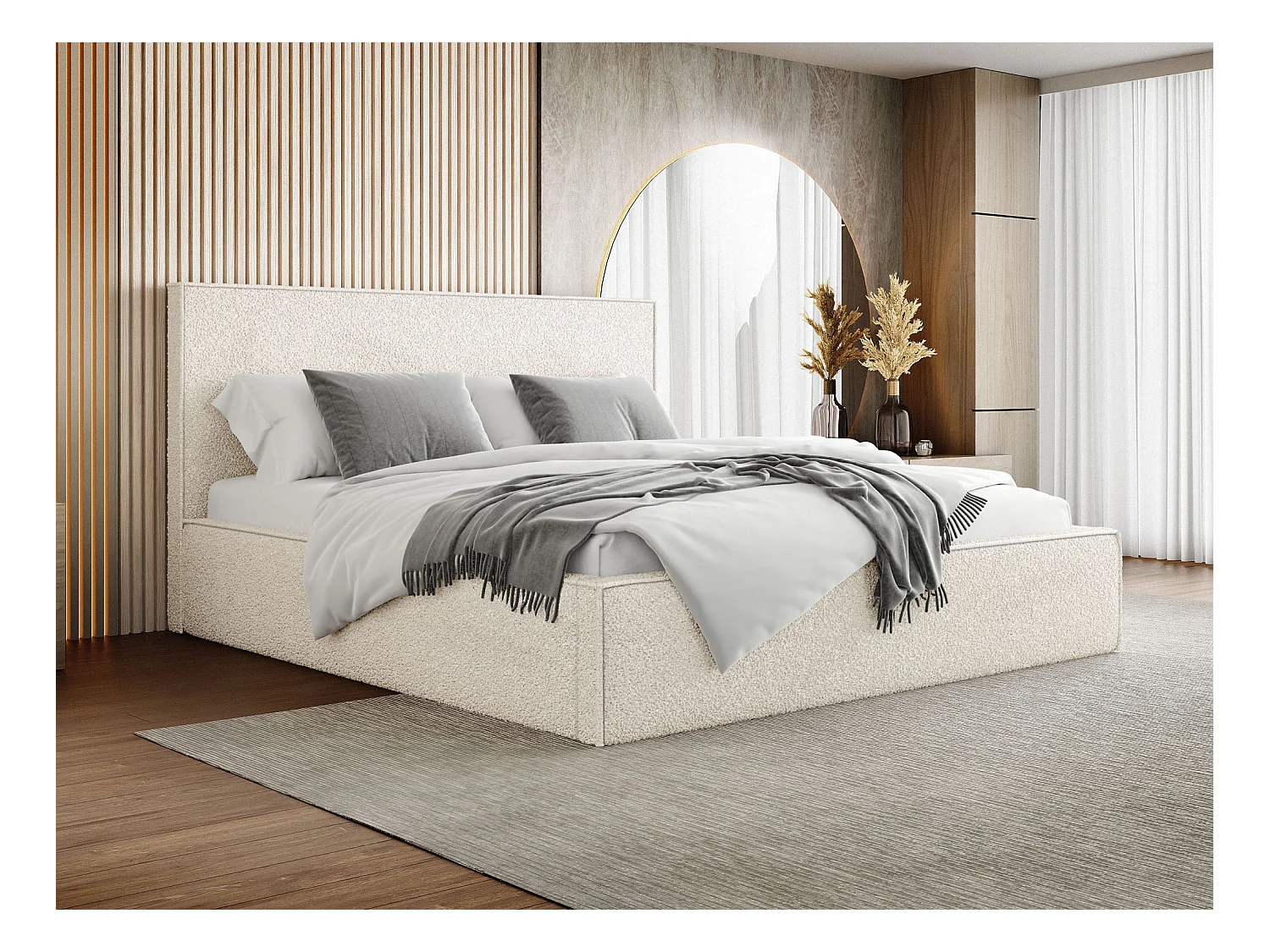 Lit Rembourré 200x200 Design Bohème - Lit Coffre Rangement - Lit Capitonné en Tissu Bouclette Blanc - Lit Double Tête de Lit - Cadre de Lit - Terra - Crème