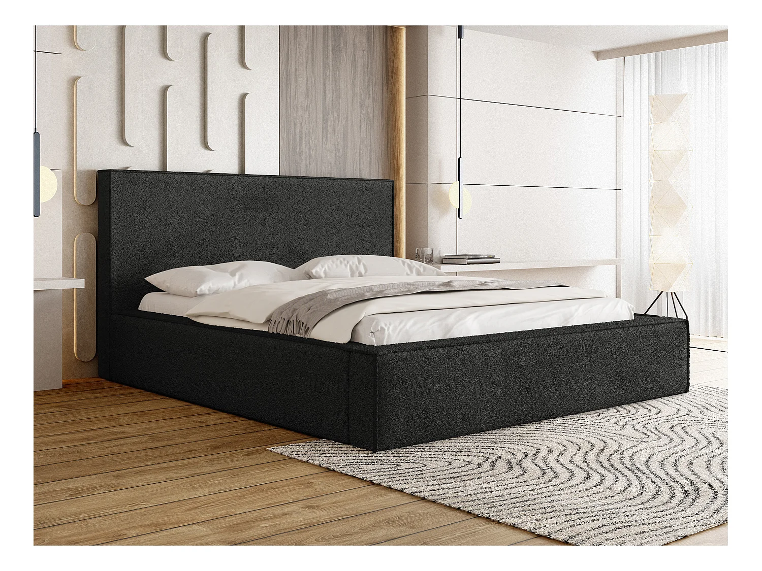 Polsterbett 180x200 – Bettkasten mit Lattenrost – Bouclé oder Samt Schwarz – Hohes Kopfteil – Bettgestell ohne Matratze – Terra – Modernes Doppelbett