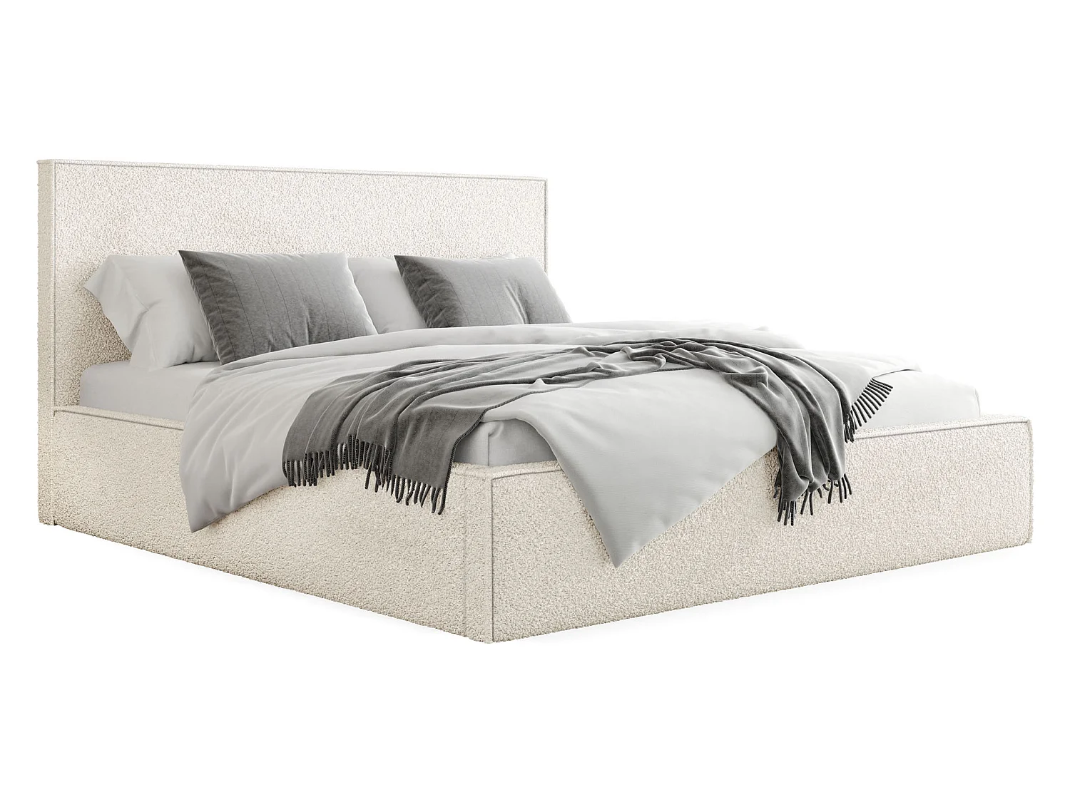 Lit Rembourré 180x200 Design Bohème - Lit Coffre Rangement - Lit Capitonné en Tissu Bouclette Blanc - Lit Double Tête de Lit - Cadre de Lit - Terra - Crème