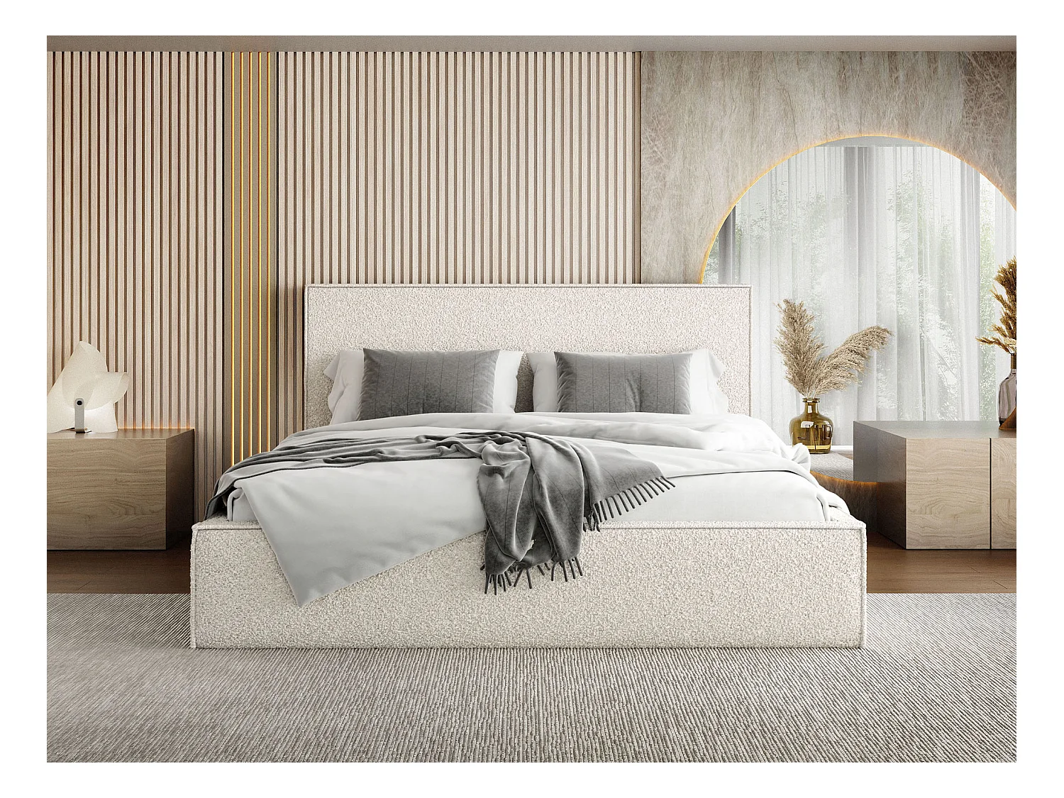 Lit Rembourré 180x200 Design Bohème - Lit Coffre Rangement - Lit Capitonné en Tissu Bouclette Blanc - Lit Double Tête de Lit - Cadre de Lit - Terra - Crème