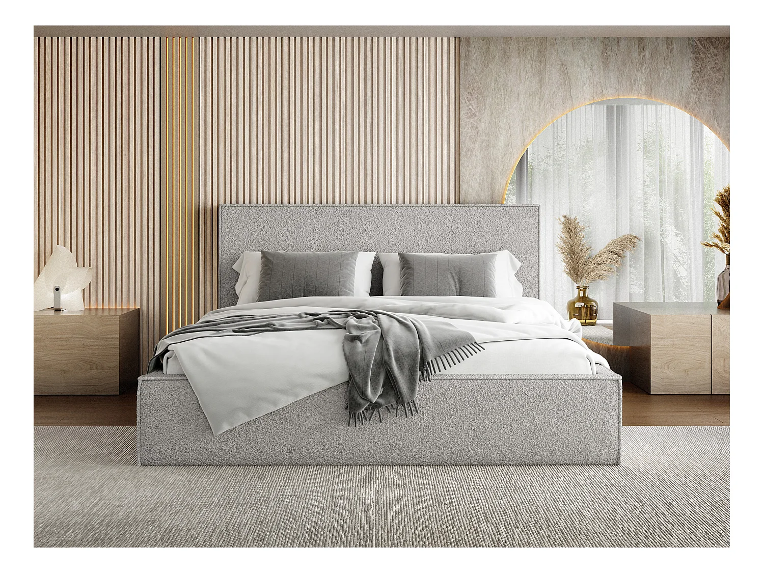 Polsterbett 200x200 – Bettkasten mit Lattenrost – Boucle Grau – Hohes Kopfteil – Bettgestell ohne Matratze – Terra Slim – Modernes Doppelbett – Grau