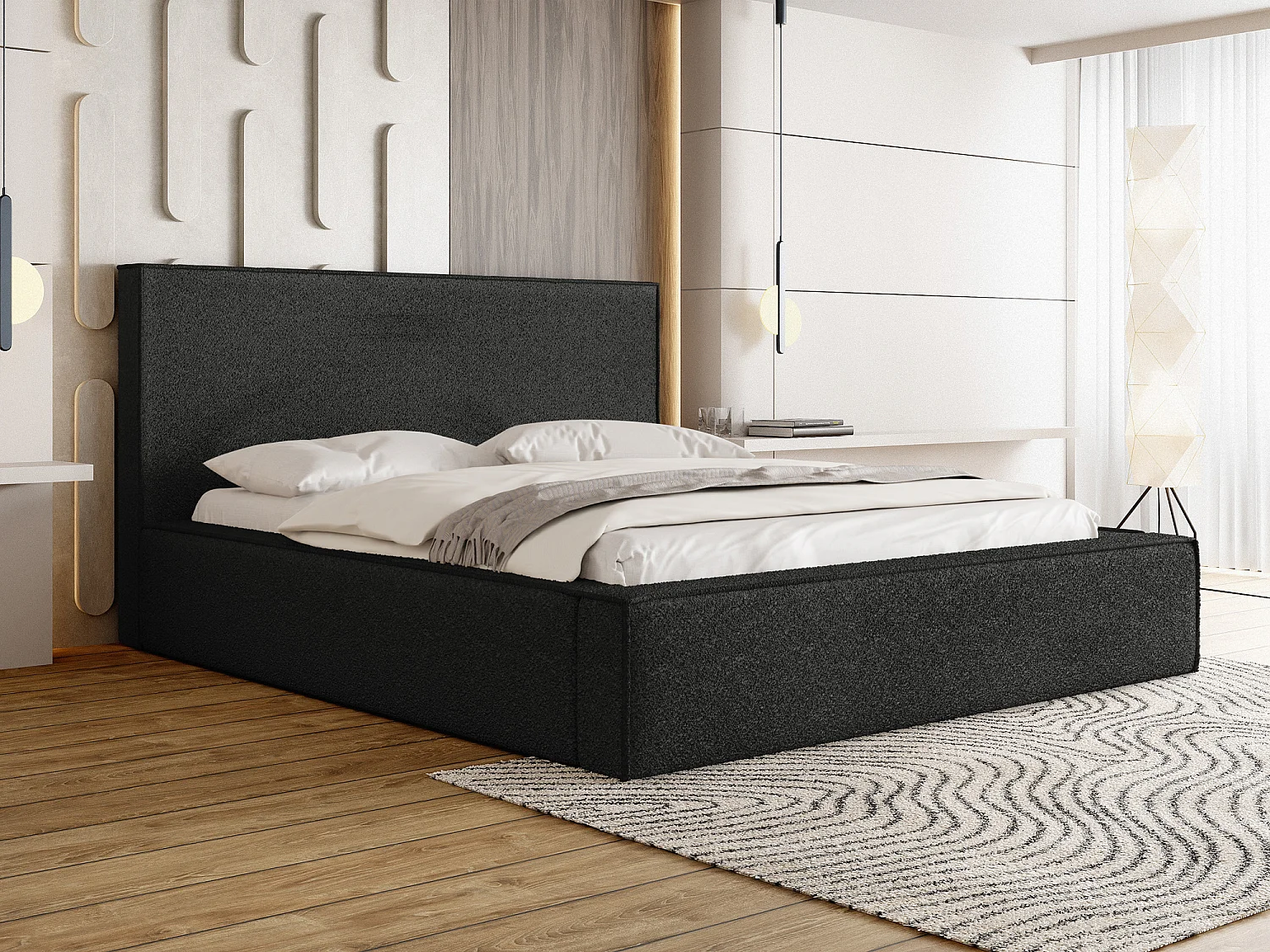 Polsterbett 140x200 – Bettkasten mit Lattenrost – Bouclé oder Samt Schwarz – Hohes Kopfteil – Bettgestell ohne Matratze – Terra – Modernes Doppelbett