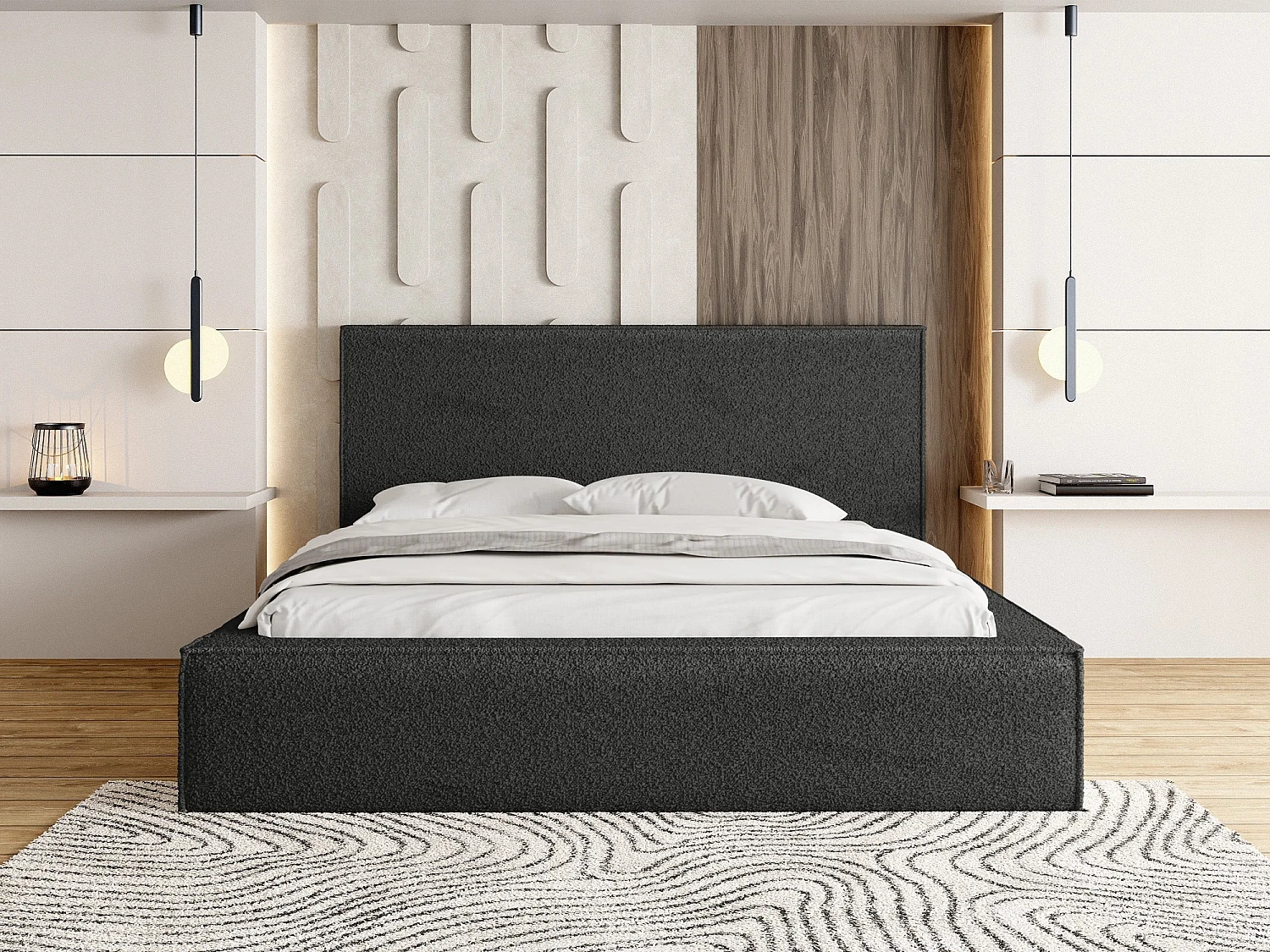 Polsterbett 200x200 – Bettkasten mit Lattenrost – Bouclé oder Samt Schwarz – Hohes Kopfteil – Bettgestell ohne Matratze – Terra – Modernes Doppelbett