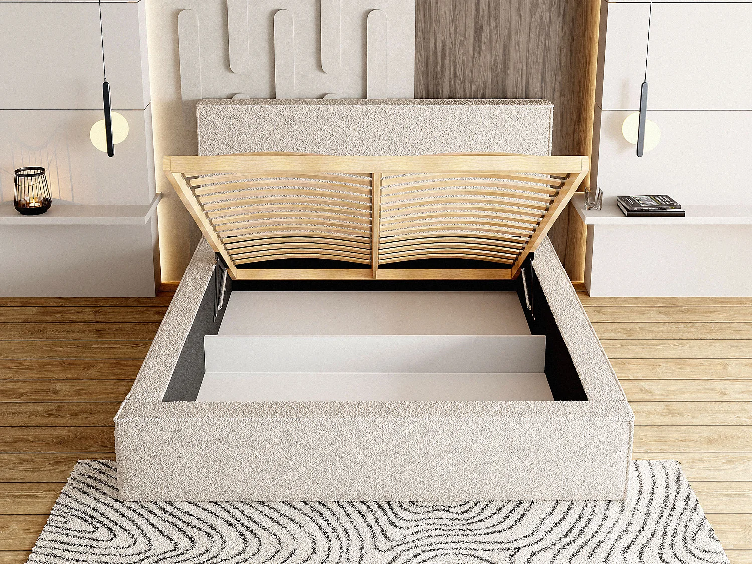 Polsterbett 200x200 – Bettkasten mit Lattenrost – Bouclé oder Samt Schwarz – Hohes Kopfteil – Bettgestell ohne Matratze – Terra – Modernes Doppelbett