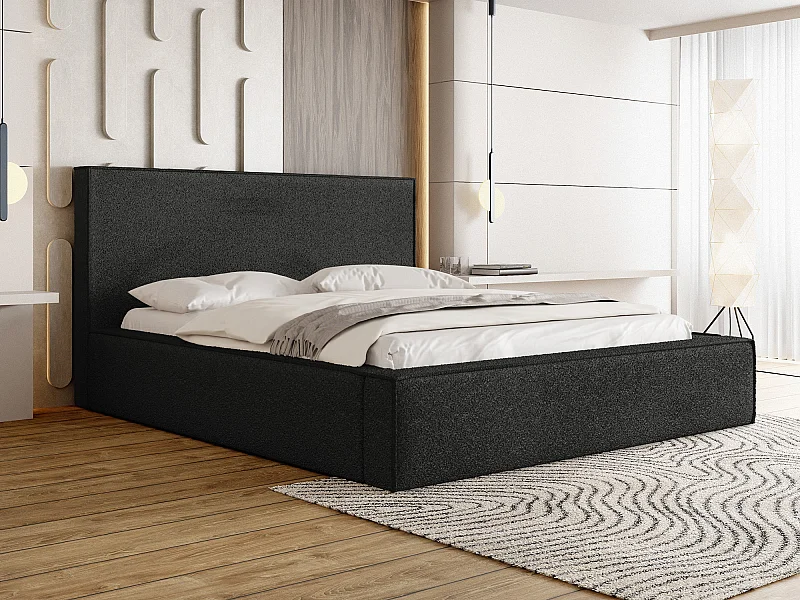 Polsterbett 200x200 – Bettkasten mit Lattenrost – Bouclé oder Samt Schwarz – Hohes Kopfteil – Bettgestell ohne Matratze – Terra – Modernes Doppelbett