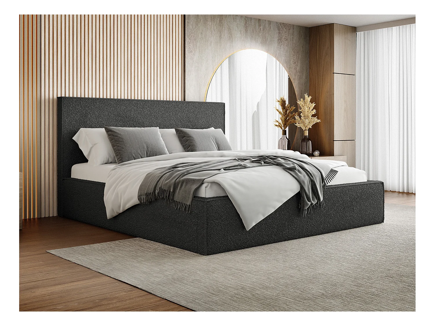 Polsterbett 180x200 – Bettkasten mit Lattenrost – Boucle Schwarz – Hohes Kopfteil – Bettgestell ohne Matratze – Terra Slim – Modernes Doppelbett – Schwarz