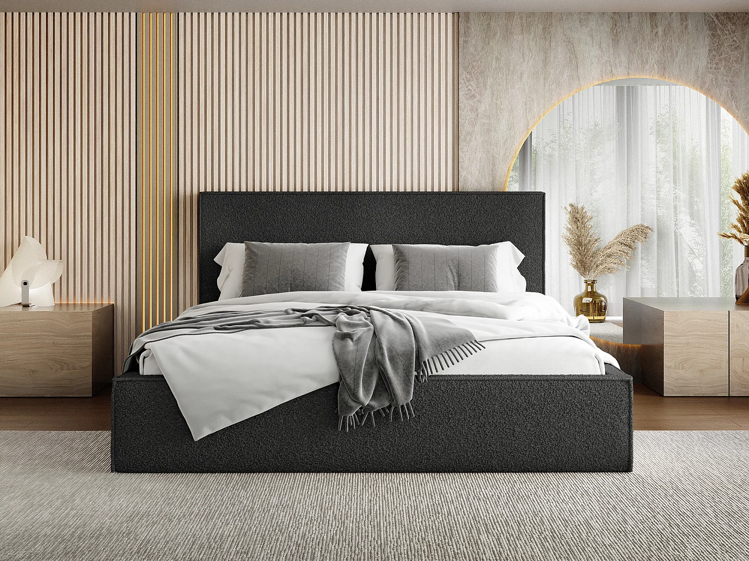 Polsterbett 180x200 – Bettkasten mit Lattenrost – Boucle Schwarz – Hohes Kopfteil – Bettgestell ohne Matratze – Terra Slim – Modernes Doppelbett – Schwarz