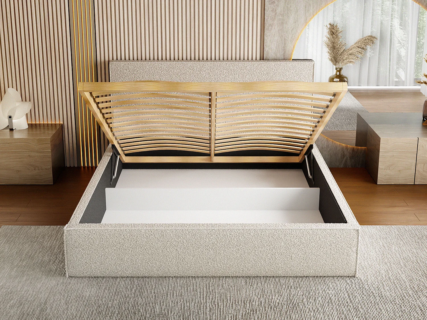 Polsterbett 120x200 – Bettkasten mit Lattenrost – Boucle Creme – Hohes Kopfteil – Bettgestell ohne Matratze – Terra Slim – Modernes Doppelbett – Beige