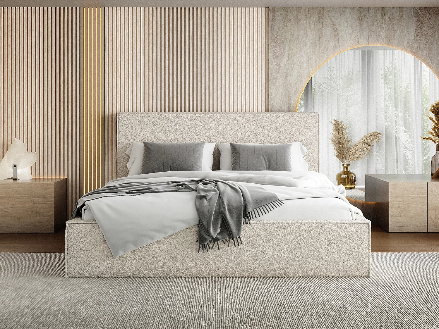 Polsterbett 120x200 – Bettkasten mit Lattenrost – Boucle Creme – Hohes Kopfteil – Bettgestell ohne Matratze – Terra Slim – Modernes Doppelbett – Beige