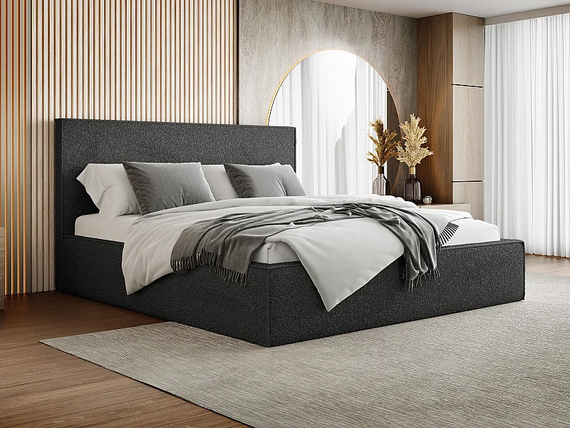 Lit Rembourré 120x200 Design Bohème - Lit Coffre Rangement - Lit Capitonné en Tissu Bouclette Noir - Lit Double Tête de Lit - Cadre de Lit - Terra