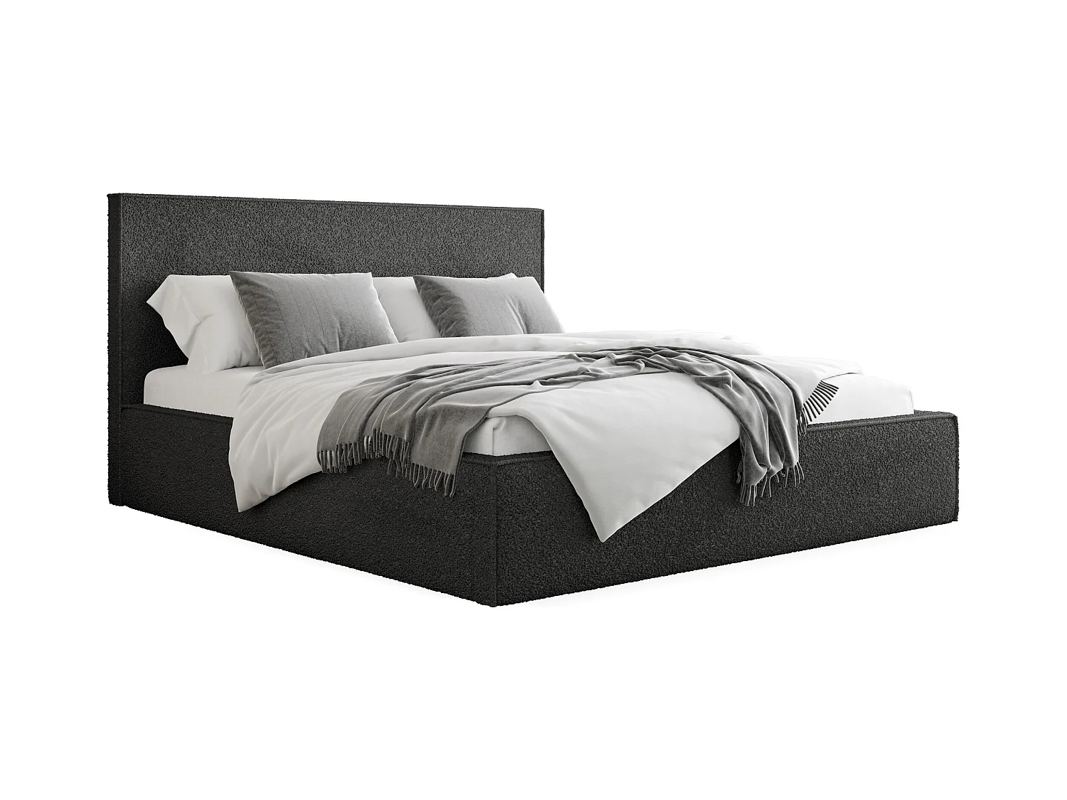 Lit Rembourré 120x200 Design Bohème - Lit Coffre Rangement - Lit Capitonné en Tissu Bouclette Noir - Lit Double Tête de Lit - Cadre de Lit - Terra