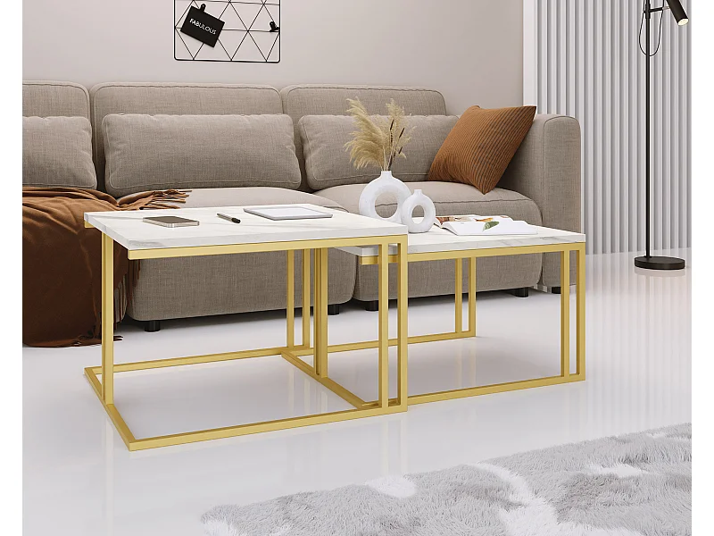 Couchtisch Set Virgo 76/66 cm, 2er-Set Beistelltisch Quadratisch, Wohnzimmertisch Industrial, Sofatisch mit Metallgestell Gold, Kaffeetisch Modern - Marmor Weiß
