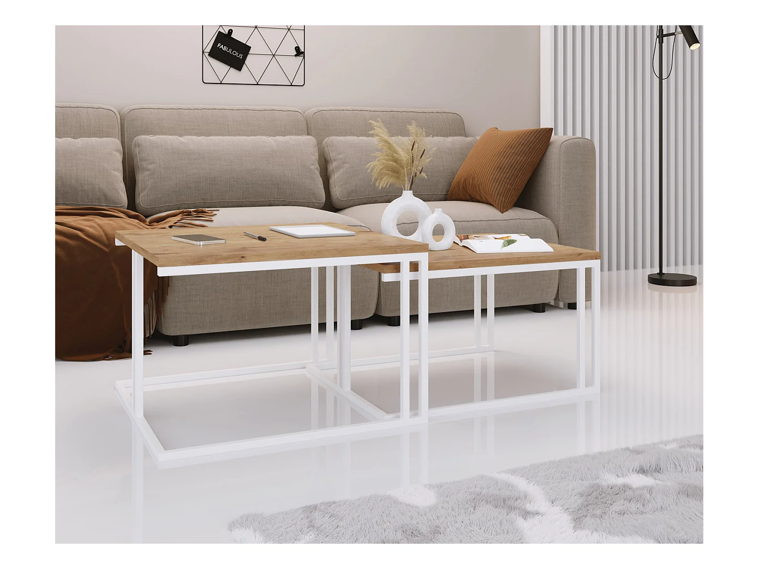 Set de 2 Tables Basses Gigognes Capri 76/66 cm - Style Industriel, Piètement Métal Blanc - Table de Salon - Chêne Lancelot