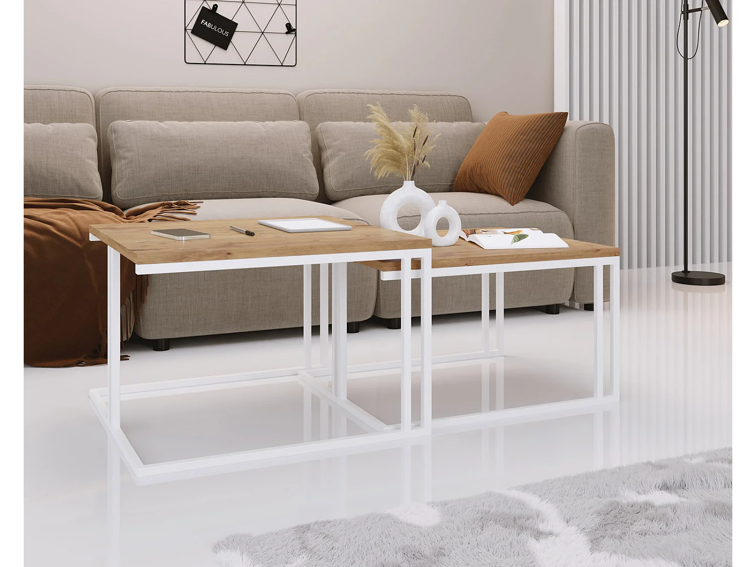 Set de 2 Tables Basses Gigognes Capri 76/66 cm - Style Industriel, Piètement Métal Blanc - Table de Salon - Chêne Lancelot