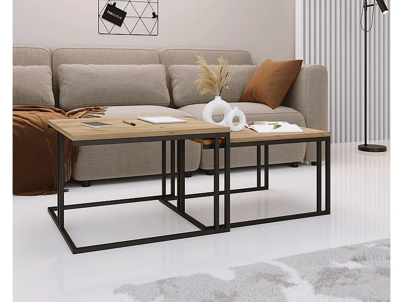 Couchtisch Cameron 76/66 cm, 2er-Set Beistelltisch Quadratisch, Wohnzimmertisch Industrial, Sofatisch mit Metallgestell Schwarz, Kaffeetisch Modern - Craft Eiche