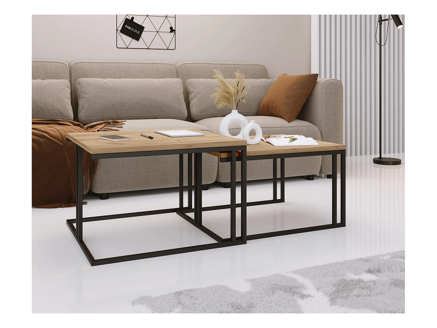 Set de 2 Tables Basses Gigognes Cameron 76/66 cm - Style Industriel, Piètement Métal Blanc - Table de Salon - Chêne Craft