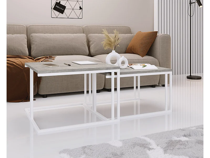 Set de 2 Tables Basses Gigognes Capri 76/66 cm - Style Industriel, Piètement Métal Blanc - Table de Salon - Béton Gris