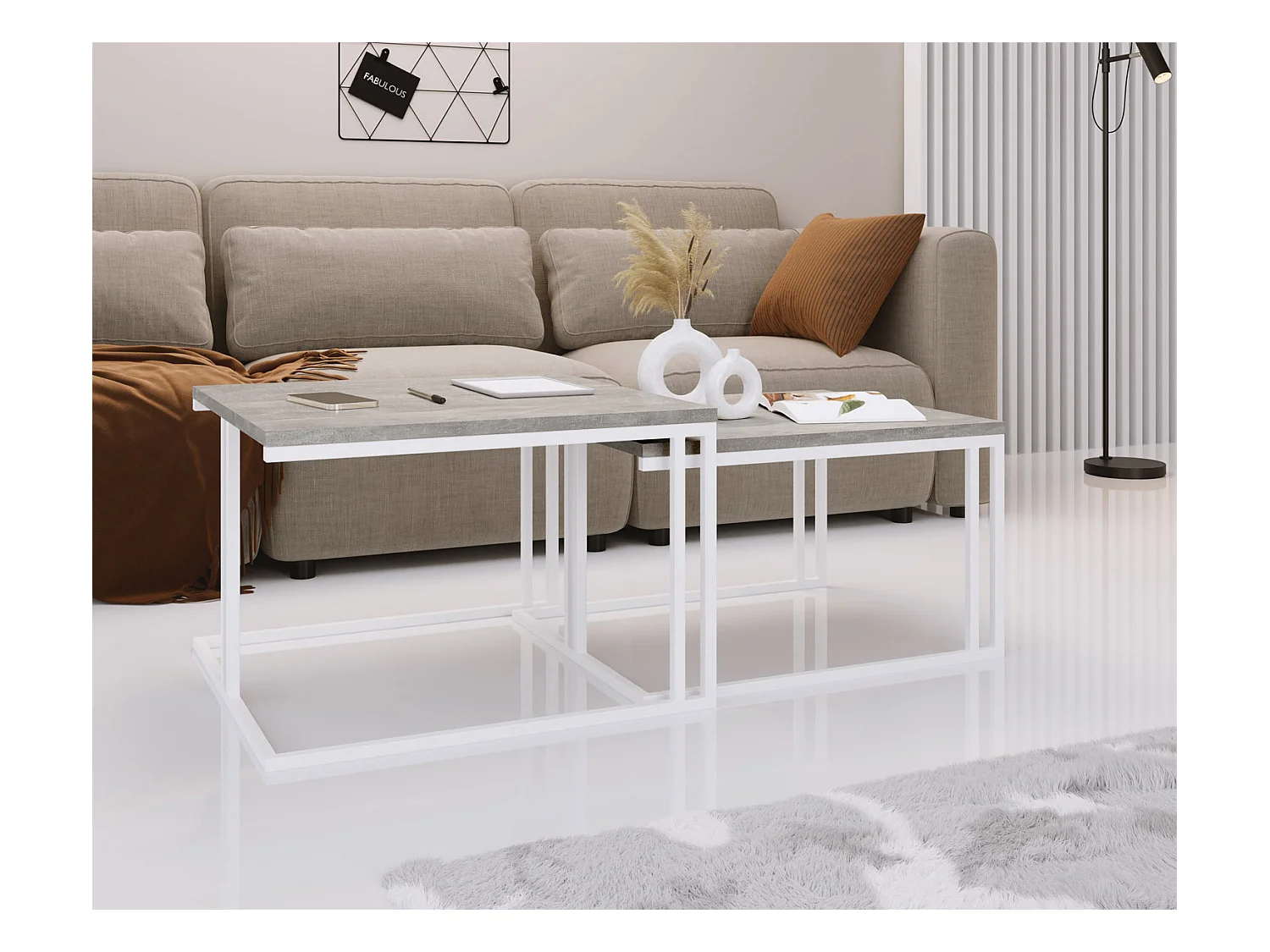 Couchtisch Set Capri 76/66 cm, 2er-Set Beistelltisch Quadratisch, Wohnzimmertisch Industrial, Sofatisch mit Metallgestell Weiß, Kaffeetisch Modern - Grauer Beton