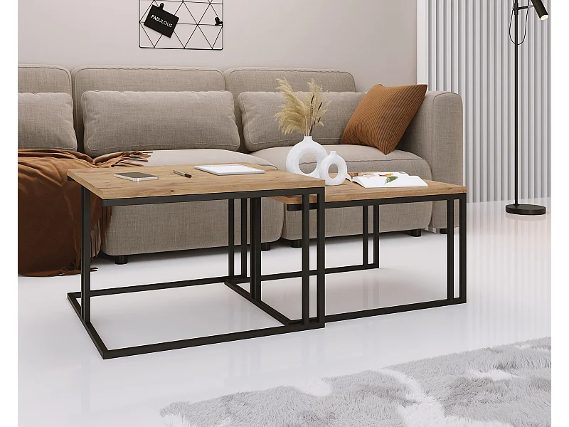 Set de 2 Tables Basses Gigognes Cameron 76/66 cm - Style Industriel, Piètement Métal Blanc - Table de Salon - Chêne Lancelot