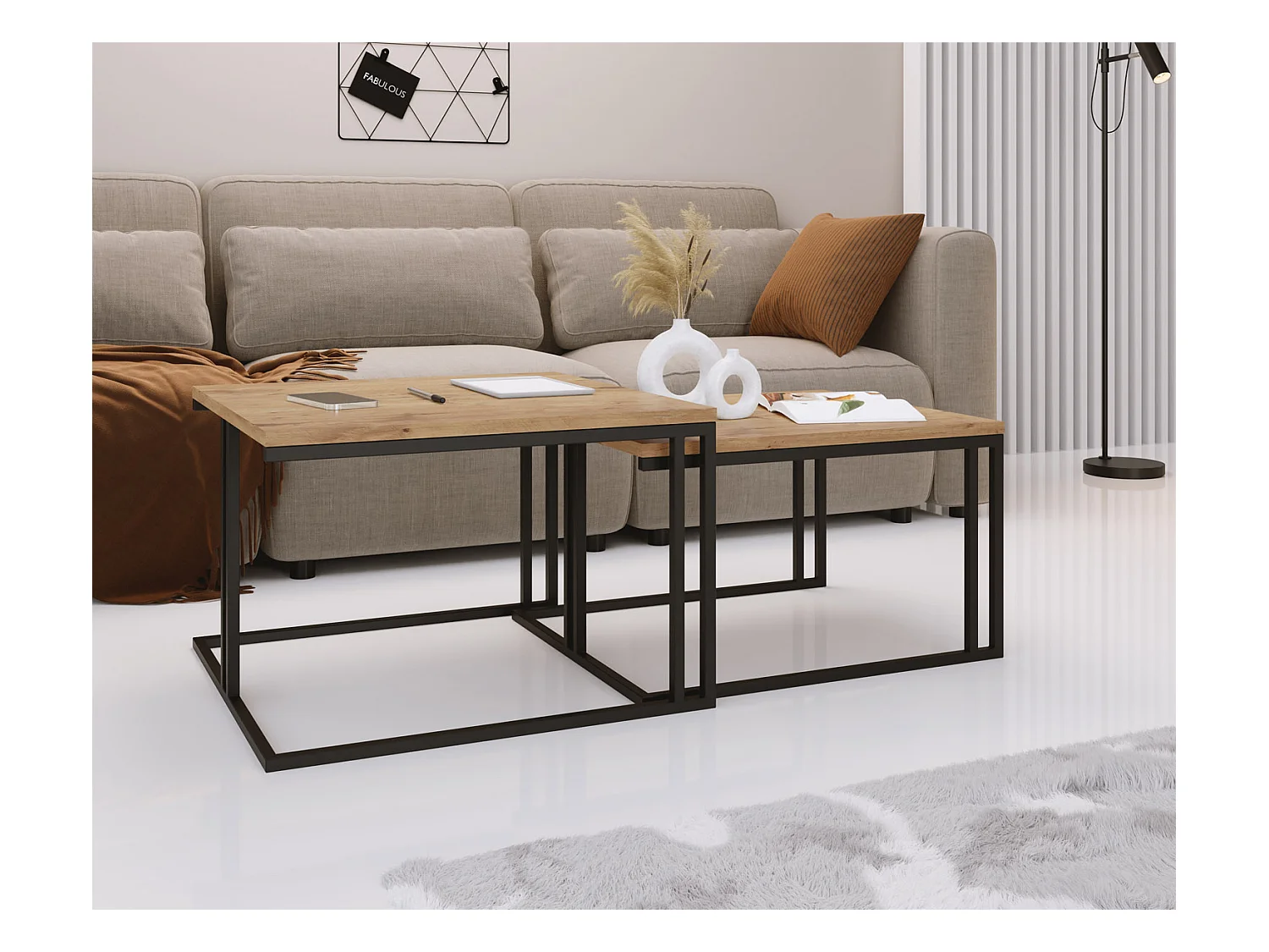 Set de 2 Tables Basses Gigognes Cameron 76/66 cm - Style Industriel, Piètement Métal Blanc - Table de Salon - Chêne Lancelot