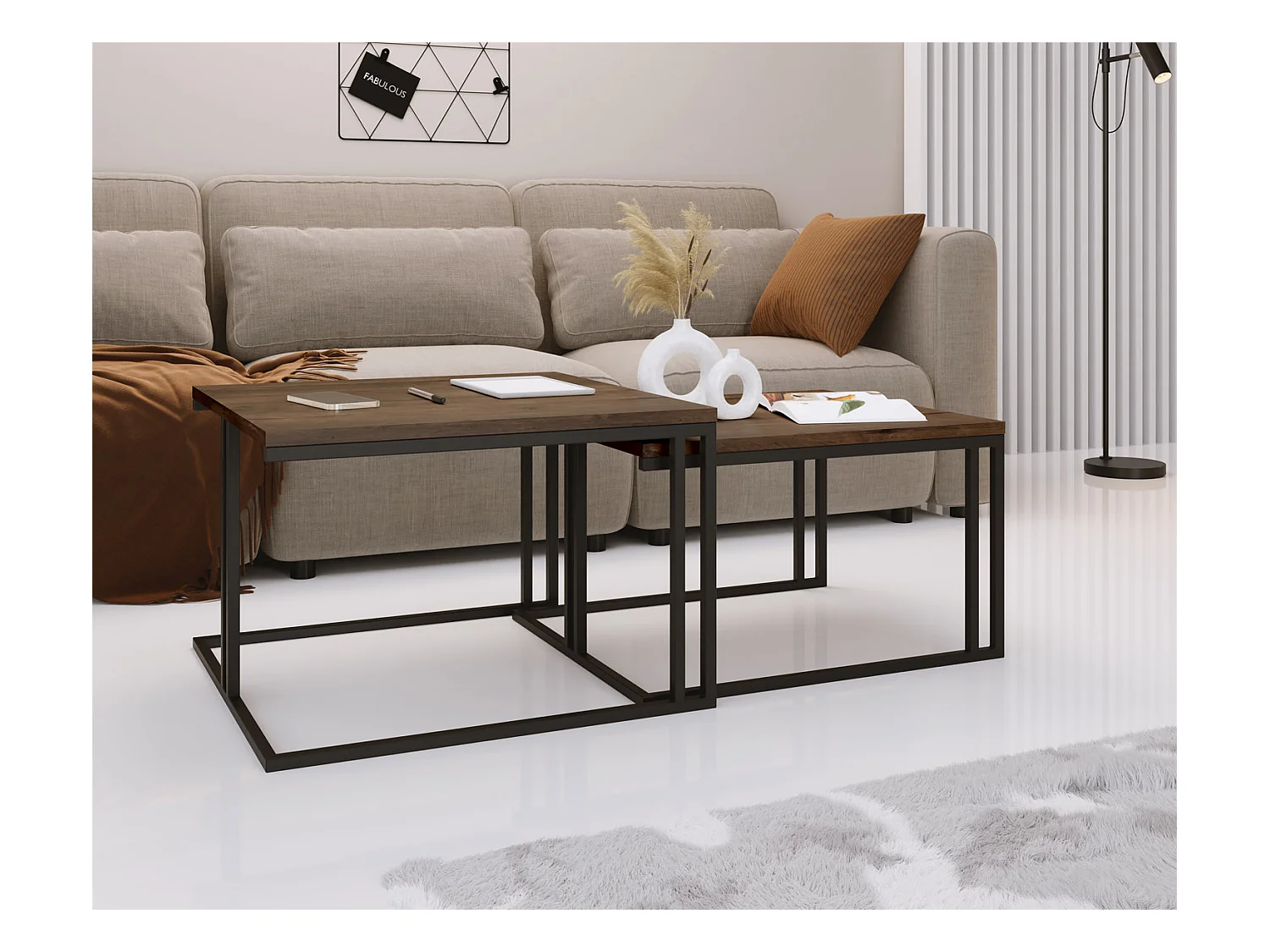 Set de 2 Tables Basses Gigognes Cameron 76/66 cm - Style Industriel, Piètement Métal Blanc - Table de Salon - Chêne Lefkas