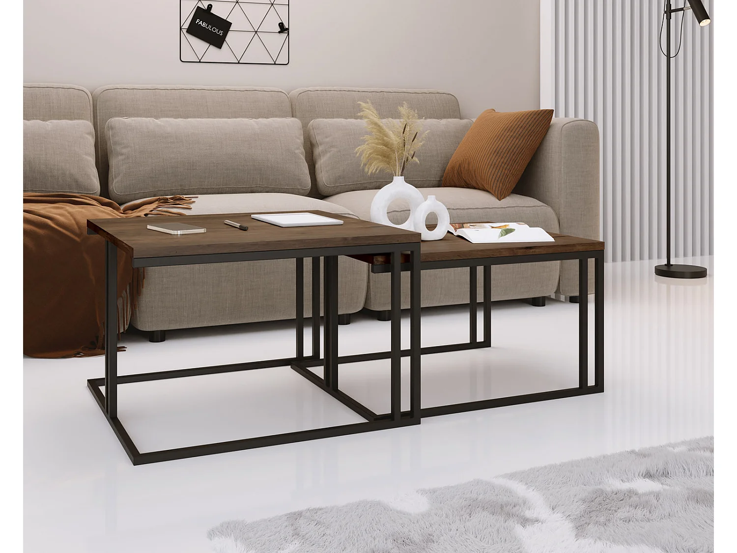 Set de 2 Tables Basses Gigognes Cameron 76/66 cm - Style Industriel, Piètement Métal Blanc - Table de Salon - Chêne Lefkas